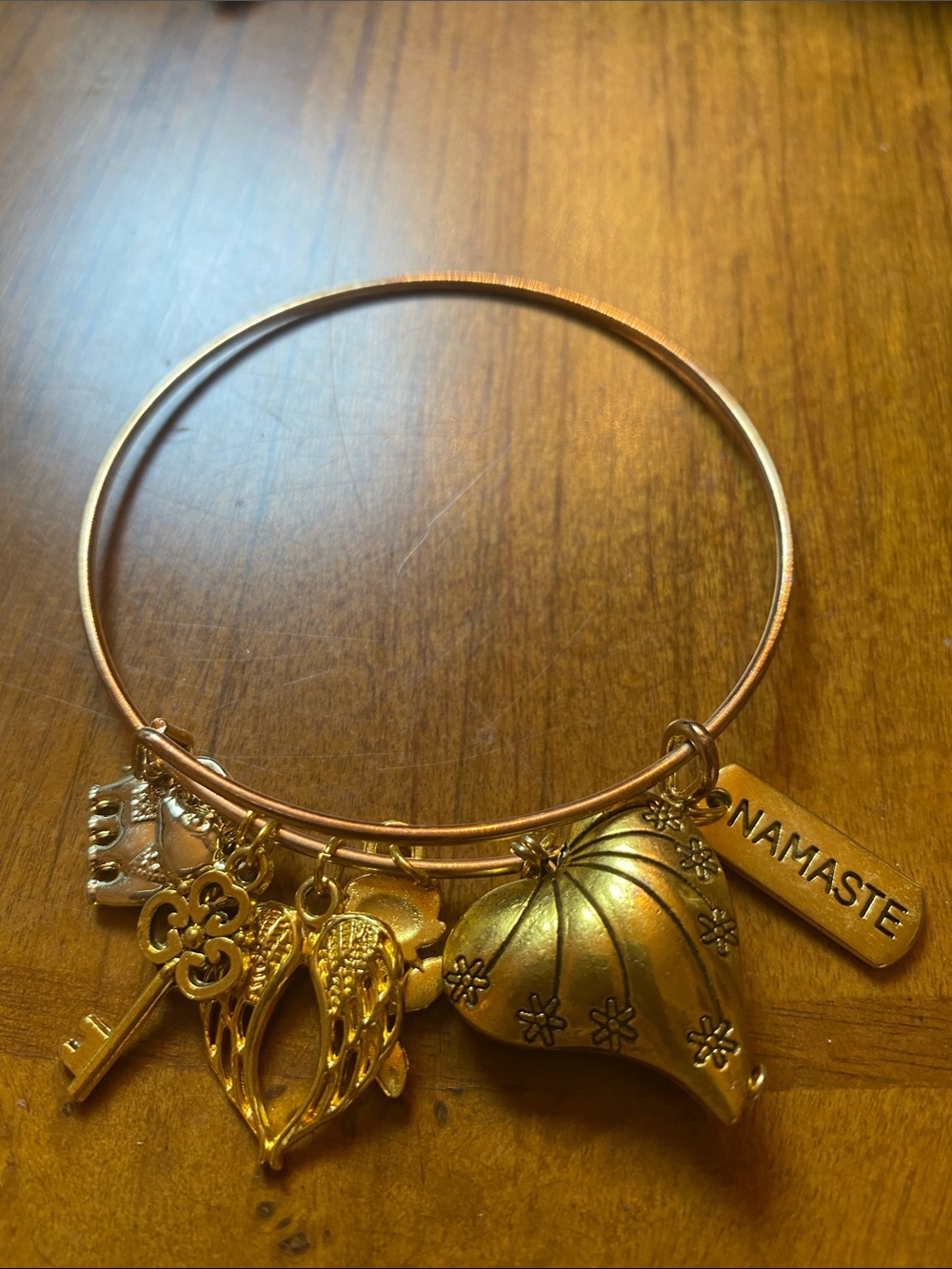 Gold-Tone Namaste Charm Bangle Bracelet with Heart and Key Charms